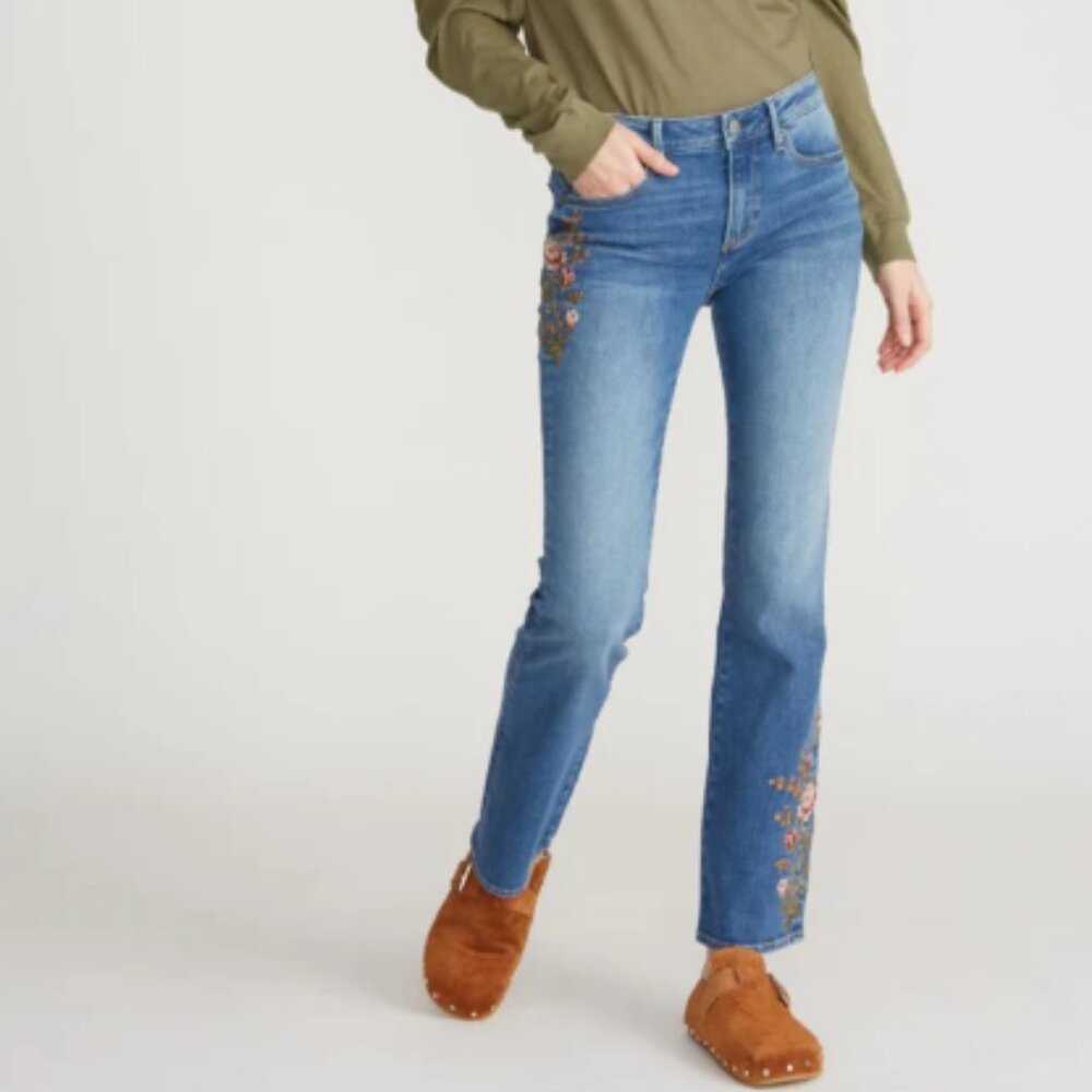 Bohemian Floral Embroidery Boot Cut Med wash Jeans, size 31